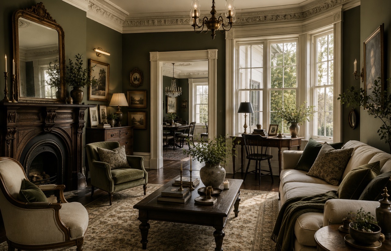 Historic olive green living room